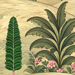 A detailed close-up of the Mayur Mahal wallpaper showing a cypress tree, a fan of broad dotted leaves and pink blossoms on pale golden hills