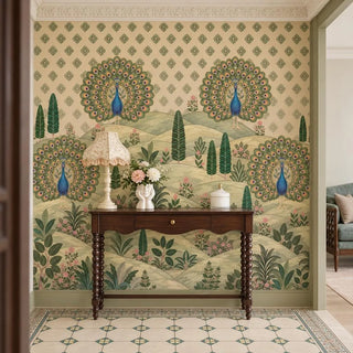 The Mayur Mahal wallpaper in an entryway behind a dark-wood console with a fringed lamp and a vase of flowers, peacocks fanned above view-foyer