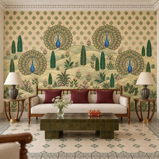 The Mayur Mahal wallpaper mural with fanned peacocks behind a carved wooden sofa with maroon cushions and a green tiled coffee table view-livingroom