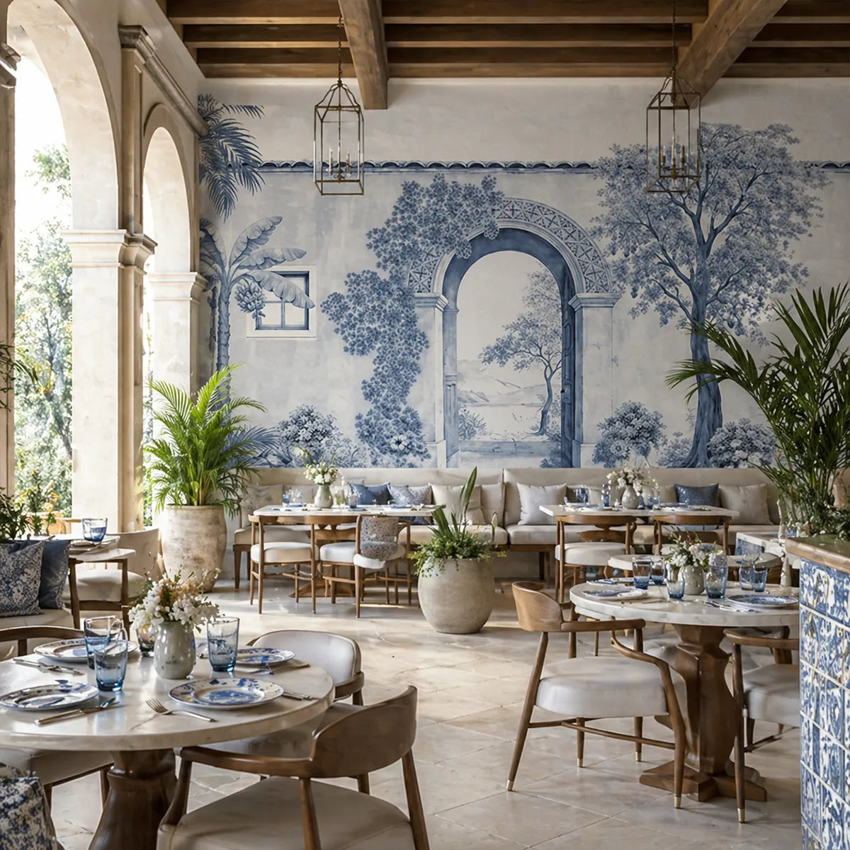 Mediterranean archway mural in azure blue in a restaurant