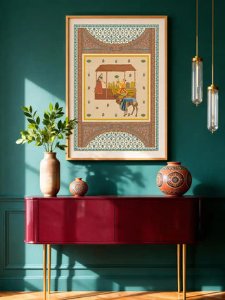 Meena Bazaar heritage wall art styled in a deep teal room above a burgundy console table with modern lighting.
