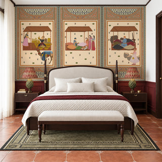 The Meena Bazar beige wallpaper mural above an upholstered bed with cream linens and burgundy wainscoting in a bedroom. view-bedroom