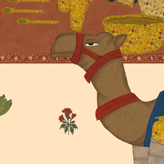 A detailed macro close-up of the Meena Bazar mural highlighting a laden camel in a red halter with a richly patterned gold saddle cloth.