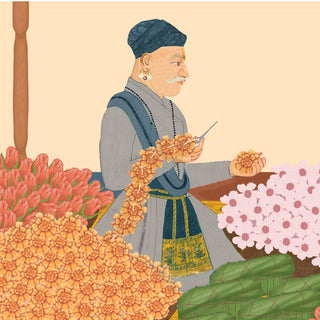A detailed close-up of the Meena Bazar mural showing a flower-seller stringing a marigold garland beside baskets of coral and pink blooms.