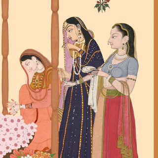 A detailed close-up of the Meena Bazar mural showing three jewelled women exchanging cloth near a basket of pale pink blossoms.