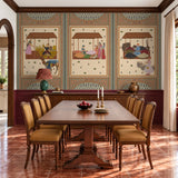 The Meena Bazar beige wallpaper mural framing a burgundy-panelled dining room with a dark wood table and mustard velvet chairs. view-dining