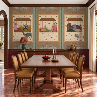 The Meena Bazar beige wallpaper mural framing a burgundy-panelled dining room with a dark wood table and mustard velvet chairs. view-dining