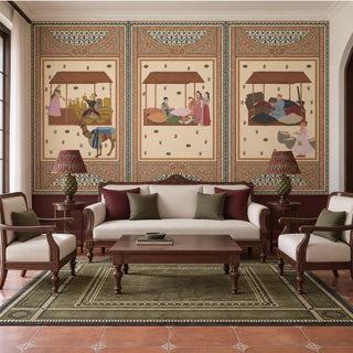 The Meena Bazar beige wallpaper mural behind a cream sofa and carved wood armchairs in a living room with burgundy wainscoting. view-livingroom