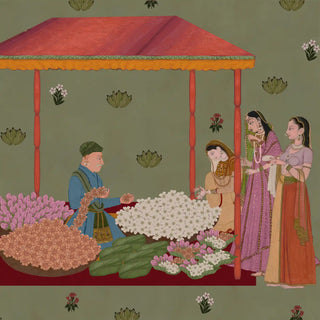 A detailed close-up of the Meena Bazar mural showing a flower-seller with baskets of pink and white blossoms beside three jewelled women.