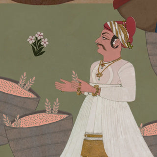 A detailed close-up of the Meena Bazar mural showing a jewelled grain merchant gesturing beside baskets of pink-speckled lentils.