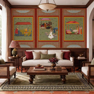 The Meena Bazar maroon wallpaper mural behind a cream sofa and rattan armchairs in a wood-panelled living room. view-livingroom