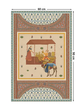 Meena Bazar market scene wall art in ivory and terracotta shown at 60 x 90 cm with dimension markings for size reference.