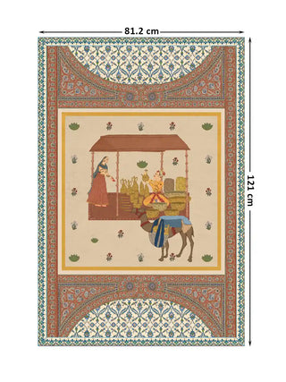 Meena Bazar merchant and camel wall art in ivory and terracotta shown at 81.2 x 121 cm with dimension markings for size reference.