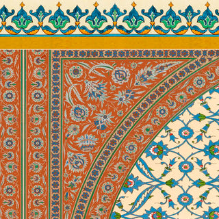 Close-up detail of Meena Buti wallpaper borders showing the teal pointed arch arabesque crown border on cream, a saffron gold stripe, the terracotta ground with white scrolling floral border, and the teal arabesque jaal dado with red and white flower accents