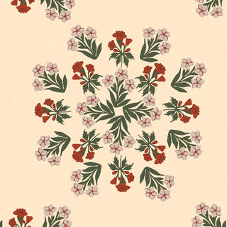 Close-up of the Meena Jaal central field pattern on parchment showing rotating mandala arrangements of crimson carnations, pale pink blossoms, and dark green leaves in the Mughal bouquet cluster style