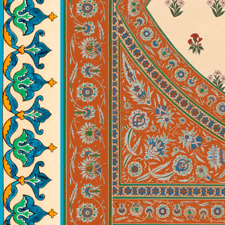 Close-up detail of Meena Jaal mural border showing the blue lotus arabesque vine on parchment, the terracotta ground with white floral scroll, and the curved arched frame with blue-and-white carnation scrollwork