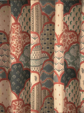 A high-resolution close-up of the patchwork ogee pattern, terracotta chain lines, and botanical motifs on the Mehr curtain.