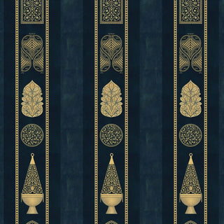 Full pattern layout of Mehrab Stripes wallpaper in royal blue, showing the complete repeat of gold Mughal motifs — mehrabs, boteh, medallions, floral bouquets, and attar lanterns in vertical stripe columns