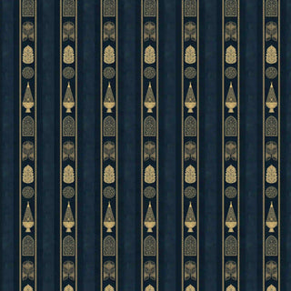 Full pattern layout of Mehrab Stripes wallpaper in royal blue, showing the complete repeat of gold Mughal motifs — mehrabs, boteh, medallions, floral bouquets, and attar lanterns in vertical stripe columns