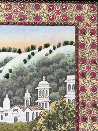 A detailed macro close-up of the Mewar Indian wall art showing the floral border with sequins and bugle beads above sequinned green hilltops.
