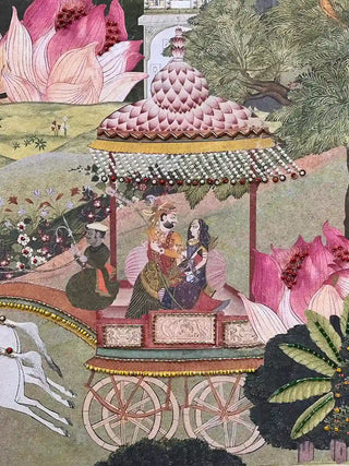 A detailed macro close-up of the Mewar Indian wall art showing a pearl-fringed canopy on a horse-drawn carriage and beaded lotus centres.