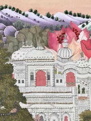 A detailed macro close-up of the Mewar Indian wall art highlighting pearl-outlined domed pavilions and red beads in the lotus centres.