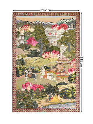 Mewar traditional Indian wall art print featuring a royal court landscape layout, size 81.2cm x 121cm.