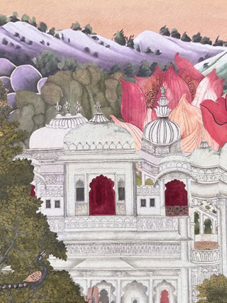 A high-resolution close-up showing the intricate white marble domes, jharokha windows, and oversized lotuses in the Mewar print.
