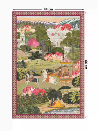Full view of the Mewar wall art in portrait, 66 cm by 44 cm, showing the chariot procession, white marble palaces and pink lotuses.