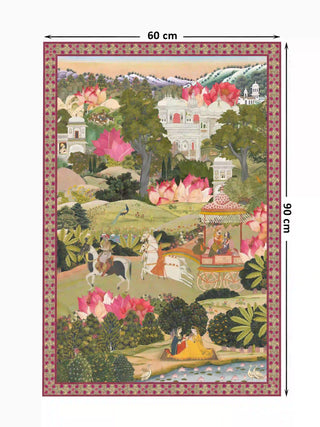 Full view of the Mewar wall art in portrait, 90 cm by 60 cm, showing the chariot procession, white marble palaces and pink lotuses.
