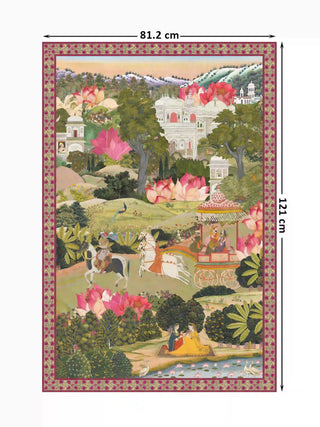 Full view of the Mewar wall art in portrait, 121 cm by 81.2 cm, showing the chariot procession, white marble palaces and pink lotuses.