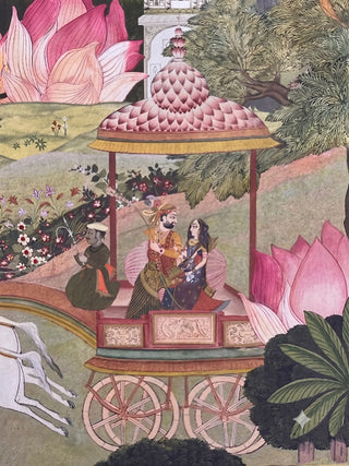 A close-up detail of the hand-painted royal chariot, prince and princess figures, and white horse in the Mewar miniature painting.
