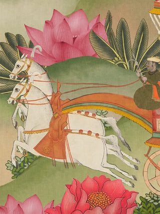 A close-up of the Mewar Indian wall art in Green & Brown showing the royal carriage pulled by two white horses.