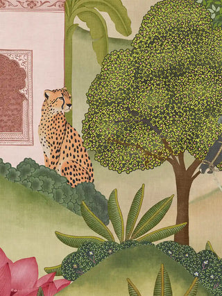 A close-up of the Mewar Indian wall art in Green & Brown showing a cheetah seated near a chhatri pavilion.