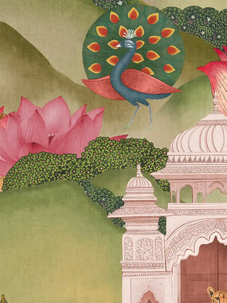 A close-up of the Mewar Indian wall art in Green & Brown showing a peacock in full display beside a lotus bloom and pavilion.