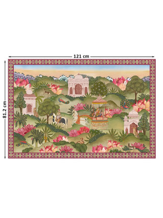 The Mewar Indian wall art in Green & Brown, large size 121x81.2cm, showing the full courtly garden scene with dimension markers.
