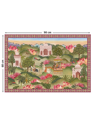 The Mewar Indian wall art in Green & Brown, medium size 90x60cm, showing the full courtly garden scene with dimension markers.