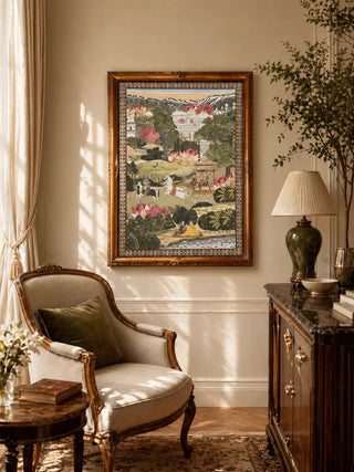 Decorative living room with a framed Mewar embroidered wallart from lifencolors