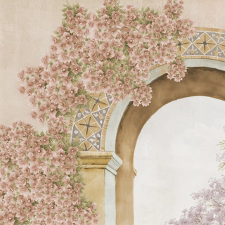 The Mexico customised wallpaper mural in Blush & Sand, view-detail of the mosaic archway and bougainvillea bloom.