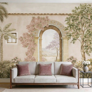 The Mexico customised wallpaper mural in Blush & Sand, view-livingroom behind a grey sofa with mauve velvet cushions.
