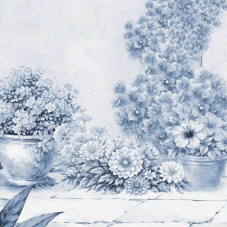 The Mexico customised wallpaper mural in Indigo & White, view-detail of the potted floral border.