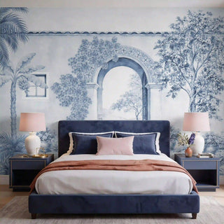 The Mexico customised wallpaper mural in Indigo & White, view-bedroom behind a navy velvet bed.