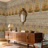 Dastaan wallpaper styled in a living room with a walnut sideboard and vintage gold mirror