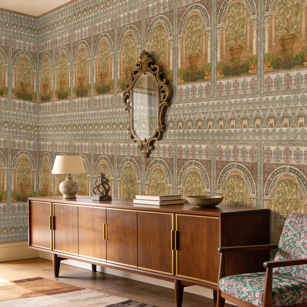 Dastaan wallpaper styled in a living room with a walnut sideboard and vintage gold mirror