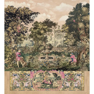 wallpaper highlighting decorative floral borders, fountains, and vibrant pink accents in the tapestry design.