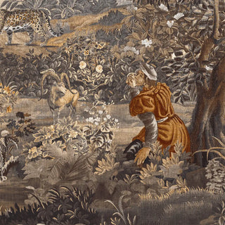 A close-up showing figures, animals, and lush foliage in muted brown and sepia tones, inspired by antique European tapestries.