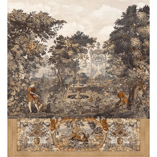 wallpaper highlighting intricate floral borders and heritage-inspired garden motifs in vintage shades.