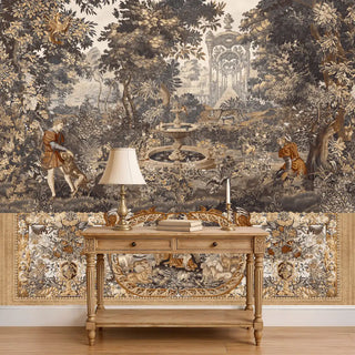 A vintage-toned European tapestry wallpaper depicting an ornate garden scene with figures, trees, and classical detailing, styled behind a console with a lamp.