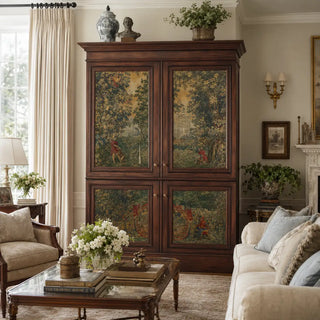 The Midas Touch in yellow is a European tapestry wallpaper. historic tapestry scenes with golden detail, garden landscapes, and classical figures, all rendered in warm, opulent yellow and gold. view-wardrobe
