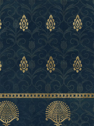 A detailed macro close-up of the Midnight Crest highlighting dotted gold fan motifs on a tonal scrolling floral ground, with a floral curve at the corner